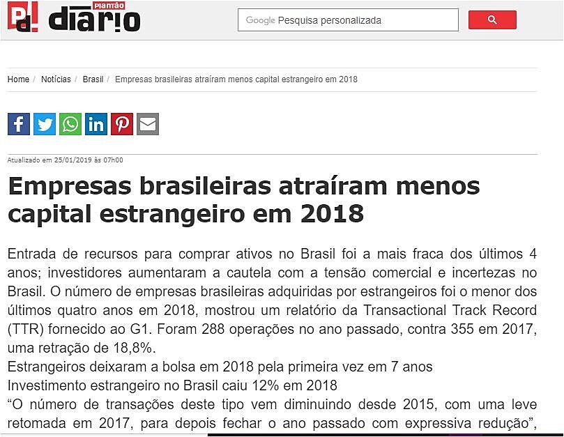 Empresas brasileiras atraram menos capital estrangeiro em 2018